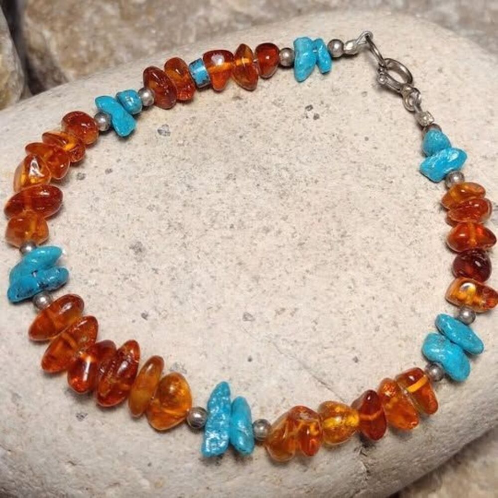 Baltic Amber Turquoise Stone Sterling Silver Bracelet